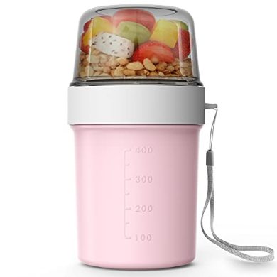 Abree Taza de Cereales y Yogur para Llevar Vaso Plástico Portátil para Cereales para Escuela, Oficina, Viajes (Rosa)