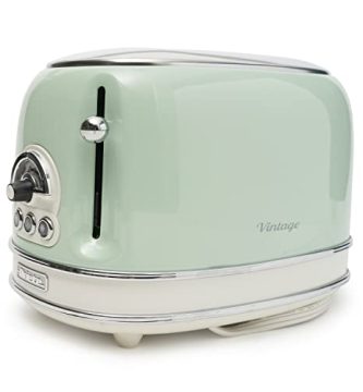 ARIETE 155/14 Tostador 2 ranuras anchas, vintage, 6 posiciones, función descongelar, recalentar, cancelar, paredes frías, pies antideslizante, recogecable, 810 W color verde/crema