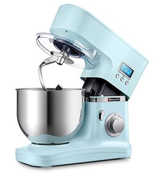 Batidora Amasadora, Hauswirt LCD de Robot de Cocina de 8 velocidades + P con tazón de 5L, gancho para masa, batidor y batidor, accesorios opcionales, 1000 W, Azul