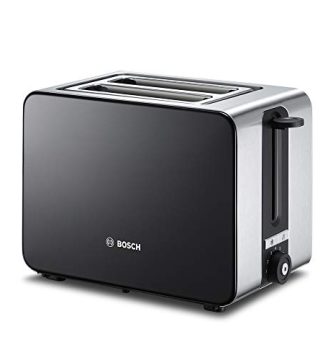 Bosch Hogar TAT7203 Tostador Compacto de Acero Inoxidable, 2 Ranuras, autoapagado de Seguridad, 1050 W, Negro Grafito