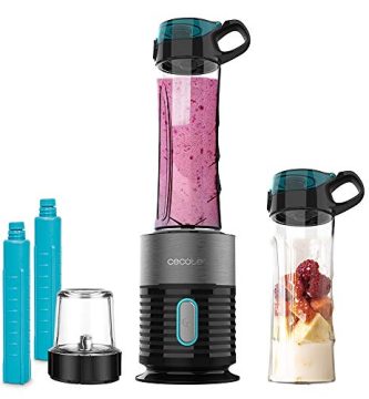 Cecotec Batidora de Vaso Individual Power Titanium 650 Fresh&Go INOX. Potencia 650 W,Cuchillas con Recubrimiento de Titanio Negro, 2 Tubos refrigeradores, 2 Vasos portátiles, Molinillo