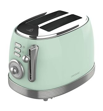 Cecotec Tostadora Toast&Taste 800 Vintage Light Green. 850 W, Doble Ranura Corta Extra anchas de 3,8 cm, 2 Tostadas, Acabados en Acero Inoxidable, Estilo Vintage, 3 Funciones, Verde