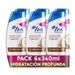 H&S Hidratación profunda Champú Anticaspa clínicamente probado, pelo libre de caspa, graso, con Aceite de Coco, sin parabenos, 40% envase plástico reciclado, cuidado suave del pelo, 6 x 340 ml