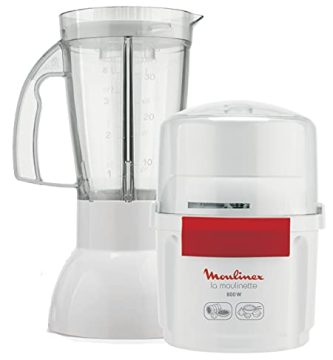 Moulinex La Moulinette AR6801 - Picadora y Batidora La Moulinette 800 w + blender, doble cuchilla de acero inoxidable, capacidad de 200/750 ml., sistema 1-2-3, batidos de frutas, blanco y rojo