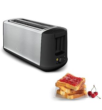 Moulinex Subito Select Tostadora, 2 ranuras largas, 7 niveles de tostado, descongela, recalienta, función ECO, exterior acero inoxidable, bandeja recogemigas extraíble, palanca elevadora, Negro