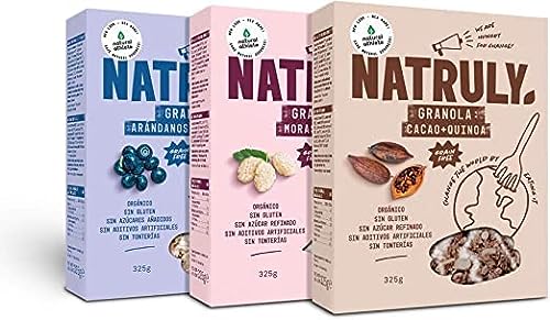 NATRULY Granola BIO Sin Azúcar Refinado, Sin Gluten, Solo Frutos Secos y Semillas, Sin Cereales Mix Sabores - Pack 3x325g