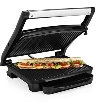 Princess 112415 Grill para bocadillos con tapa flotante y plancha, Se puede guardar en vertical u horizontal, superficie de la parrilla 30 x 24 cm, bandeja recoge grasa, 2000 W