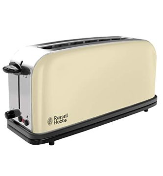 Russell Hobbs Tostadora Colours Plus - 1 Ranura Larga y Ancha, Tostador para 2 Rebanadas, Bandeja Recogemigas, Calientapanecillos, Función Cancelar y Descongelar, Acero Inoxidable, Crema - 21395-56