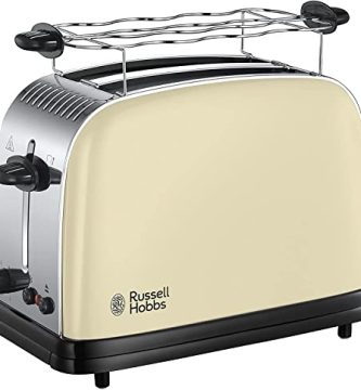 Russell Hobbs Tostadora Colours Plus - 2 Ranuras Cortas y Anchas para 2 Rebanadas, Bandeja Recogemigas, Calientapanecillos, Función Cancelar y Descongelar, Acero Inoxidable, Crema - 23334-56