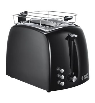 Russell Hobbs Tostadora Textures Plus - 2 Ranuras Cortas y Anchas, Tostador para 2 Rebanadas, Bandeja Recogemigas, Calientapanecillos, Función Cancelar y Descongelar, Negro - 22601-56