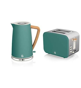 Swan Nordic Set Desayuno Hervidor de agua inalámbrico 1,7L 2200W, Tostadora Pan ranura ancha 2 rebanadas, 3 funciones, diseño moderno, efecto madera, verde