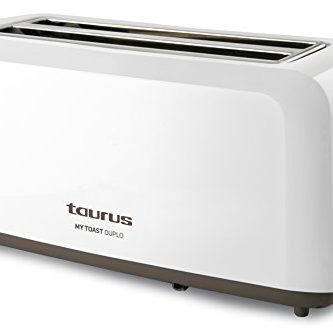 Taurus Mytoast Duplo-Tostadora (1450 W, Tres Funciones, Iluminación LED) 0 Decibeles, 2 Ranuras Extra Largas, Plástico, Color Blanco