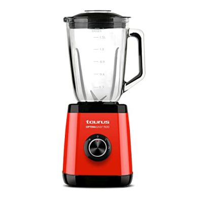 Taurus Optima Easy 1500 - Batidora de vaso, 1500W, jarra cristal 1.5L, pica hielo, libre BPA, cuchilla inox 4 filos, apta para lavavajillas, roja