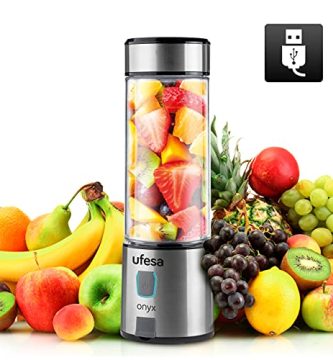 Ufesa BS2400 Onyx Mini Batidora Portátil Recargable, Carga por USB, Hasta 20 Usos por Carga, Batería de 5100 mAh, Botella de Tritán de 400ml, Cuerpo y Cuchillas de Acero Inoxidable, Inox