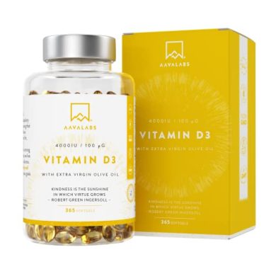 Vitamina D3 [ 4000 UI ] – con Aceite de Oliva Virgen Extra para una Absorción Óptima – Sin OGM, sin Gluten y sin Lactosa – Contribuye al mantenimiento de la Función Ósea, Muscular e Inmunológica.